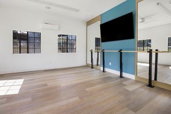 Large room with a tv on the wall and wood floors